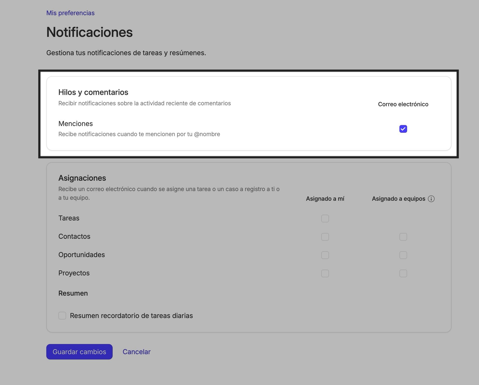 marca la casilla si deseas recibir notificaciones de cualquier comentario en el que seas mencionado