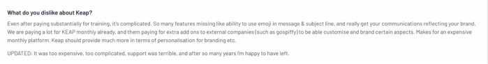 Review highlighting Keap CRM’s complexity, high costs, missing branding features, and poor support experience, even after extensive training investment.