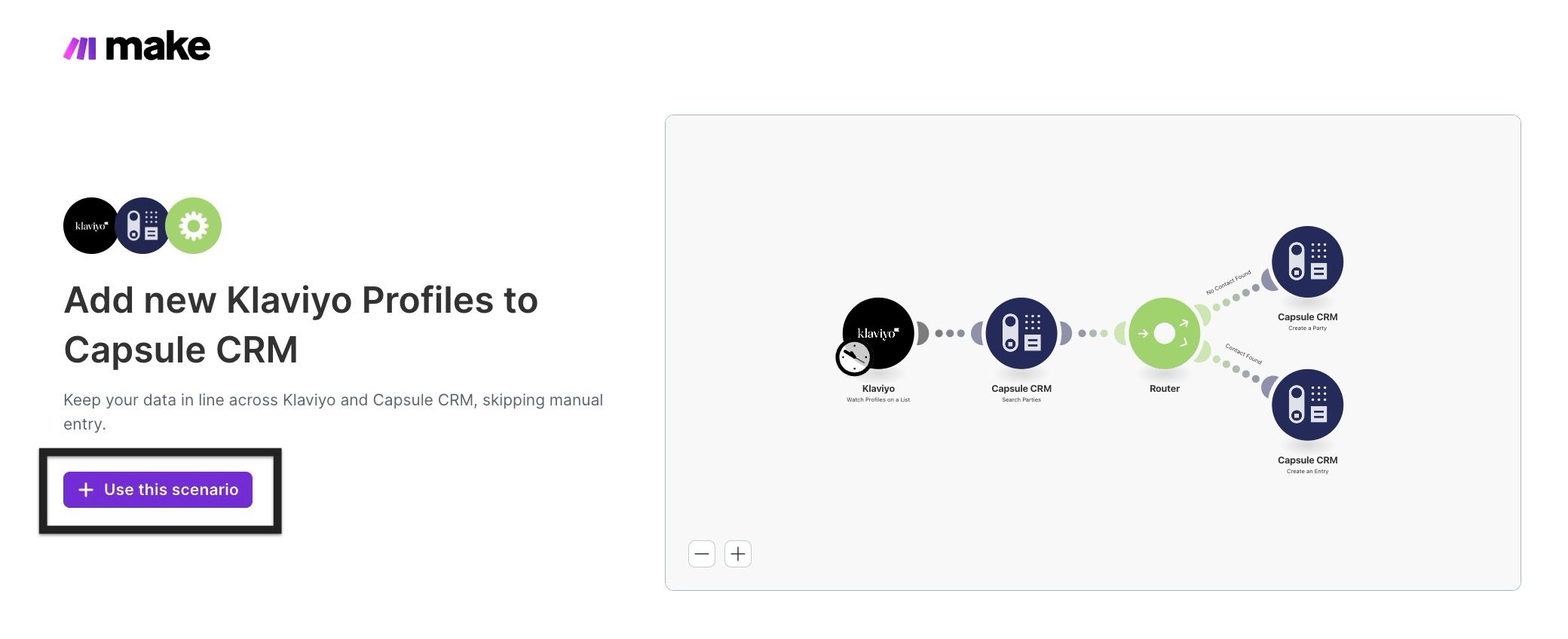 make landing page with the button to load the klaviyo scenario highlighted