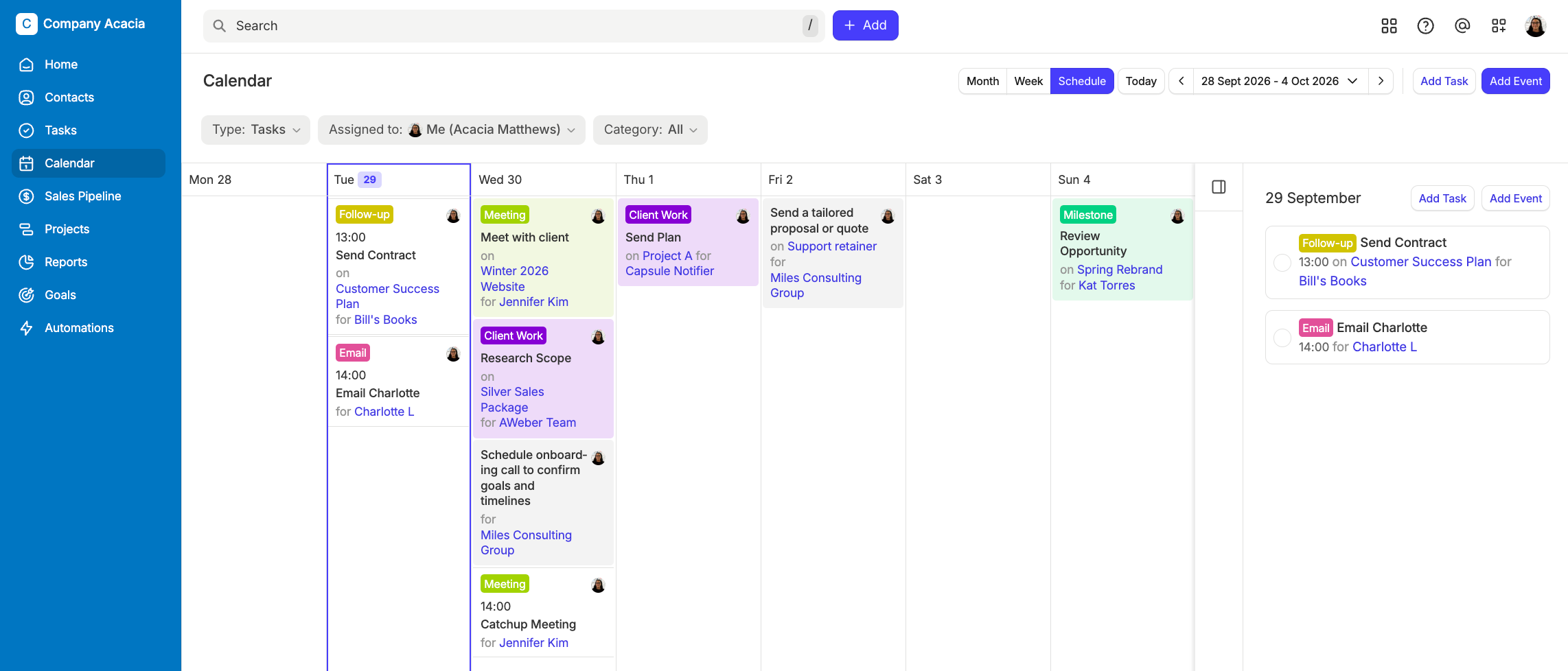 muestra la vista de la agenda del calendario sin bloques de tiempo para ver las tareas fácilmente