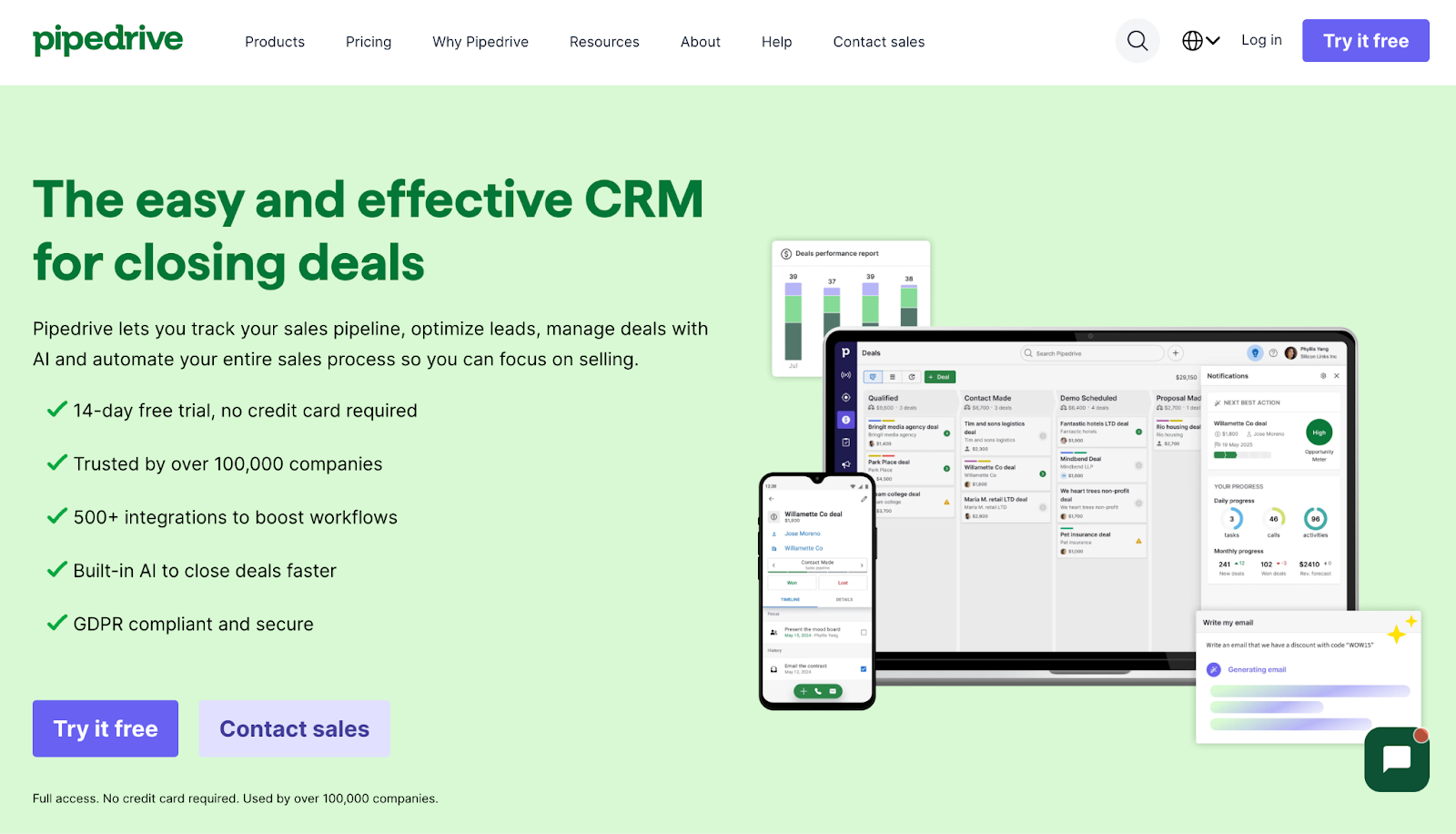 Pipedrive website promoting its CRM with its interface displayed on a laptop and smartphone, alongside feature text and call-to-action buttons.
