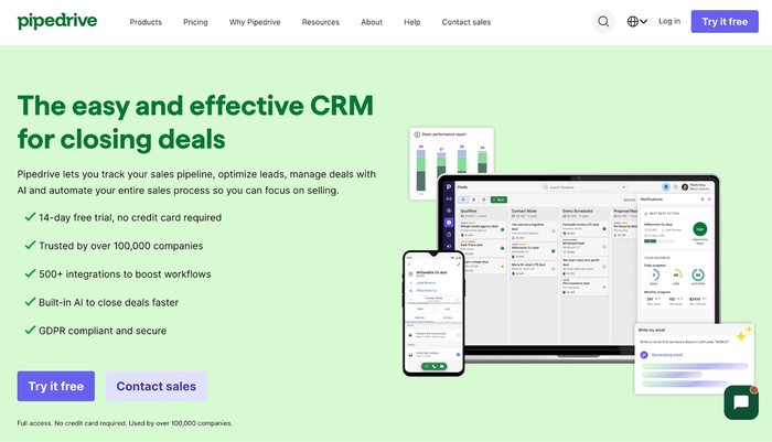 Pipedrive website promoting its CRM with its interface displayed on a laptop and smartphone, alongside feature text and call-to-action buttons.