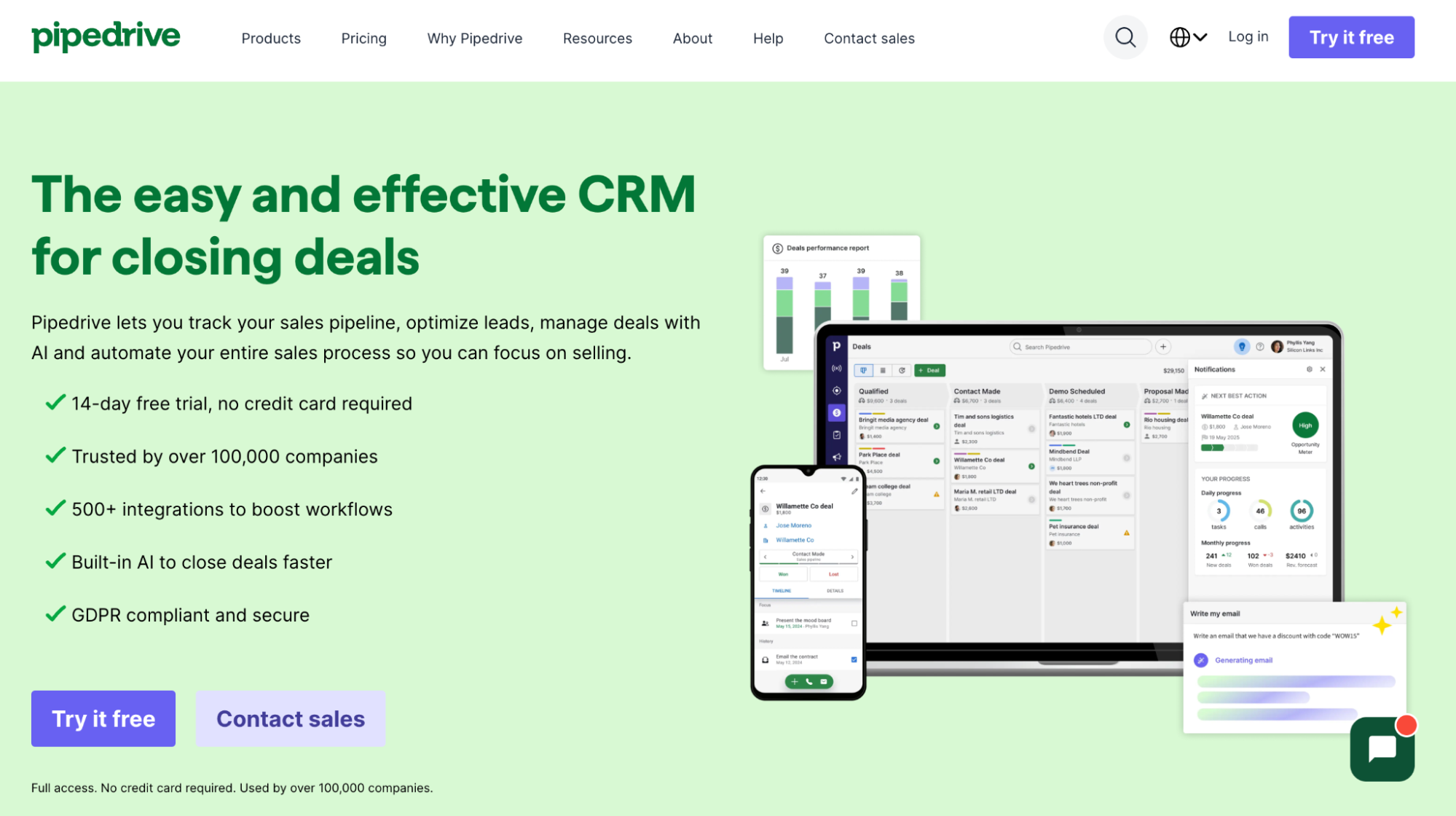 Pipedrive CRM landing page featuring its interface on a laptop and smartphone, showing sales pipeline and deal management.