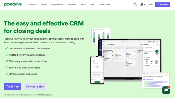 Pipedrive CRM landing page featuring its interface on a laptop and smartphone, showing sales pipeline and deal management.