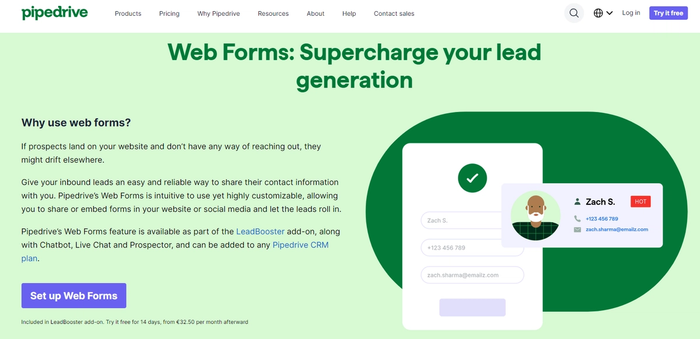 Screenshot of Pipedrive's webforms landing page