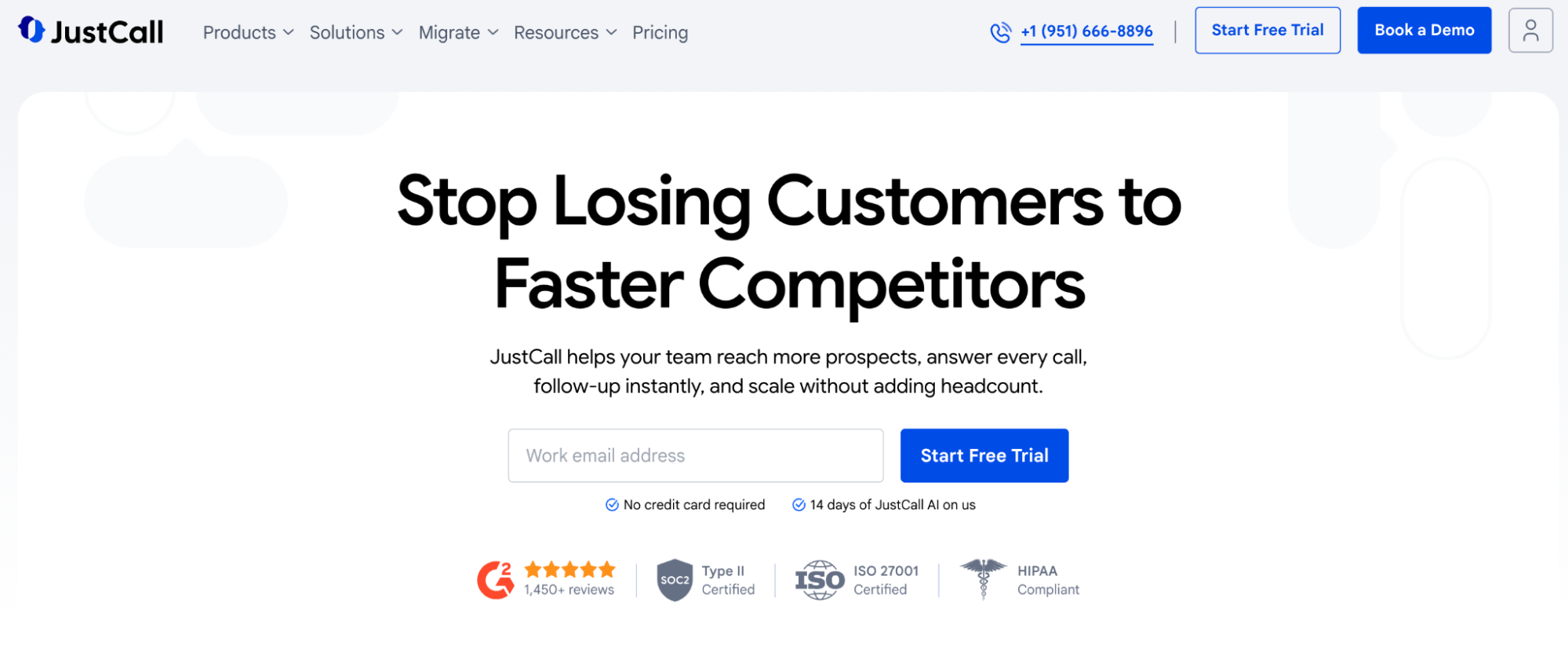 JustCall homepage with the headline "Stop Losing Customers to Faster Competitors" and a free trial sign-up form.