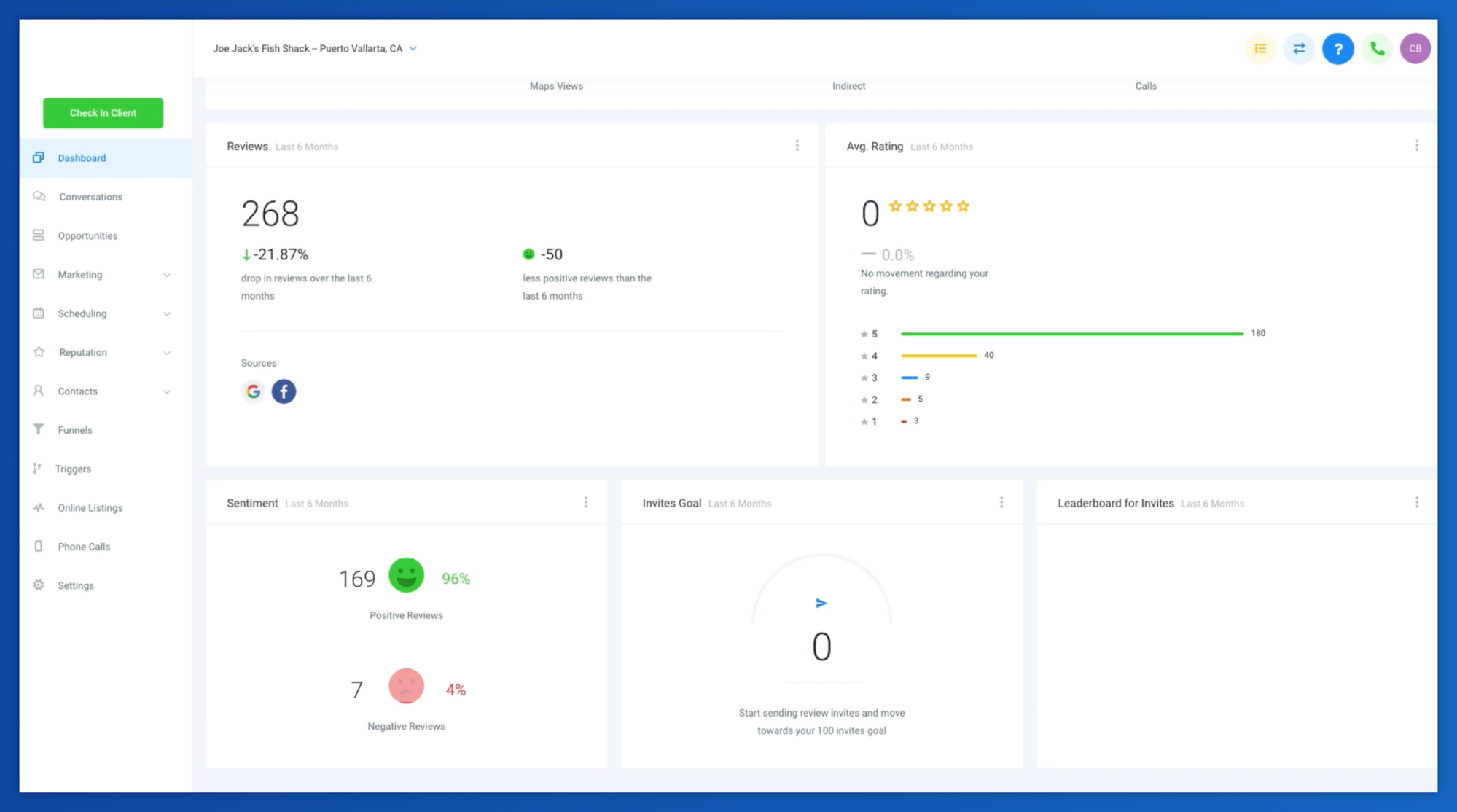 a blue and white dashboard with a green check in box
