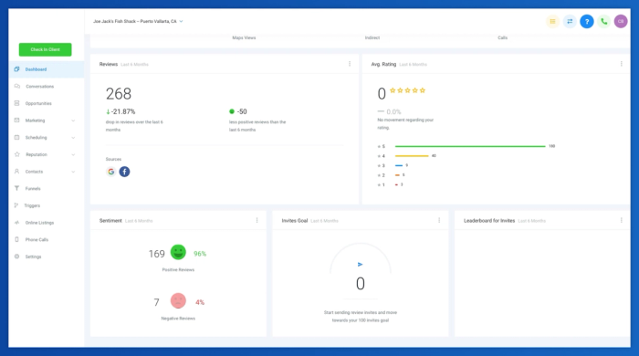a blue and white dashboard with a green check in box
