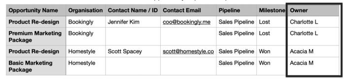 showing spreadsheet with owner column