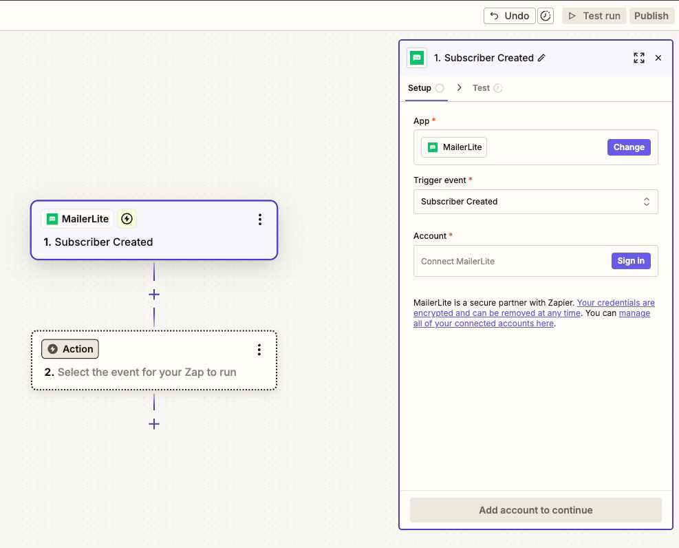disparador creado por el suscriptor para mailerlite en zapier