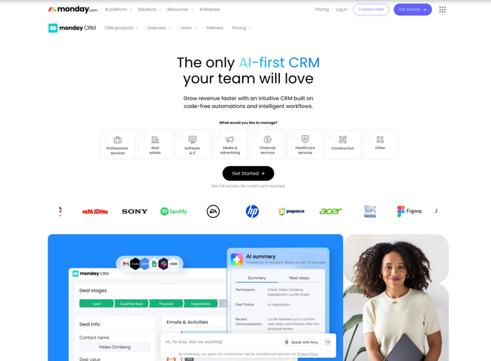 monday CRM website homepage promoting its AI-first CRM, featuring client logos and a product interface screenshot with a smiling woman.