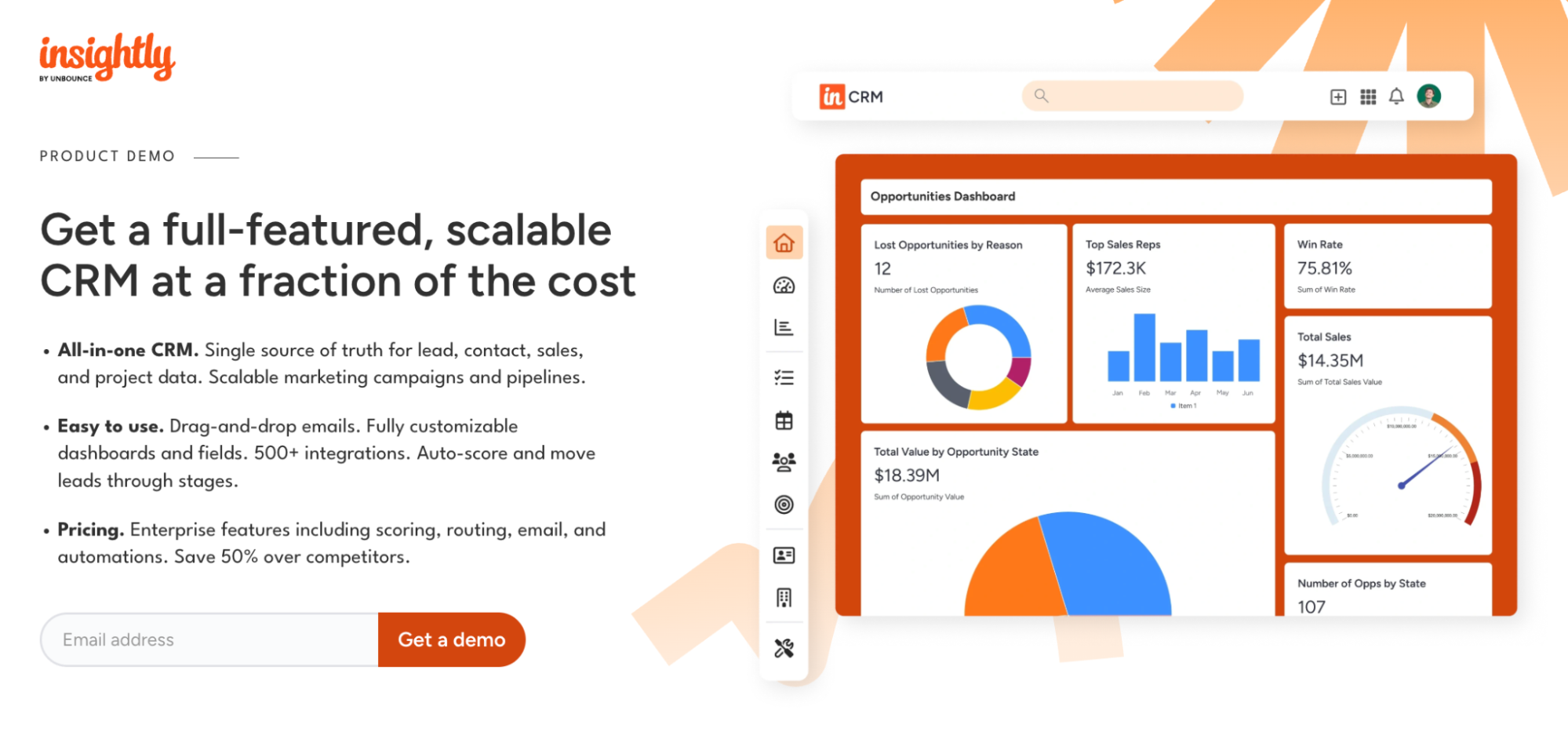 Insightly CRM product page featuring the headline "Get a full-featured, scalable CRM at a fraction of the cost" and a screenshot of a CRM opportunities dashboard.