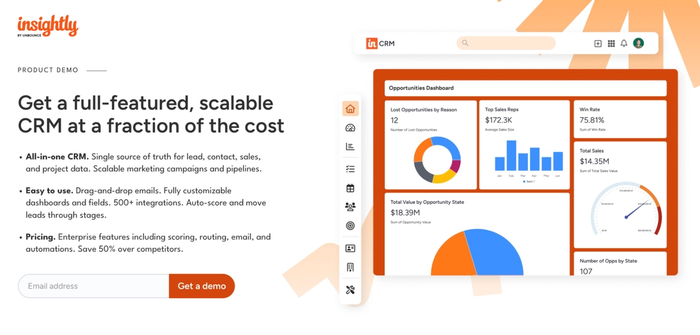 Insightly CRM product page featuring the headline "Get a full-featured, scalable CRM at a fraction of the cost" and a screenshot of a CRM opportunities dashboard.