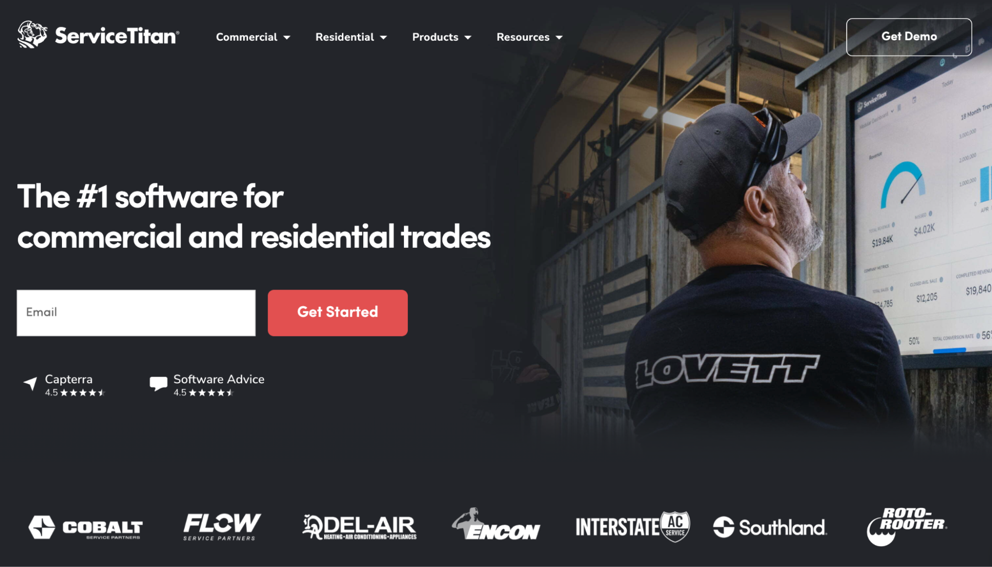 ServiceTitan homepage with text "The #1 software for commercial and residential trades," a man viewing a digital dashboard, and partner logos.