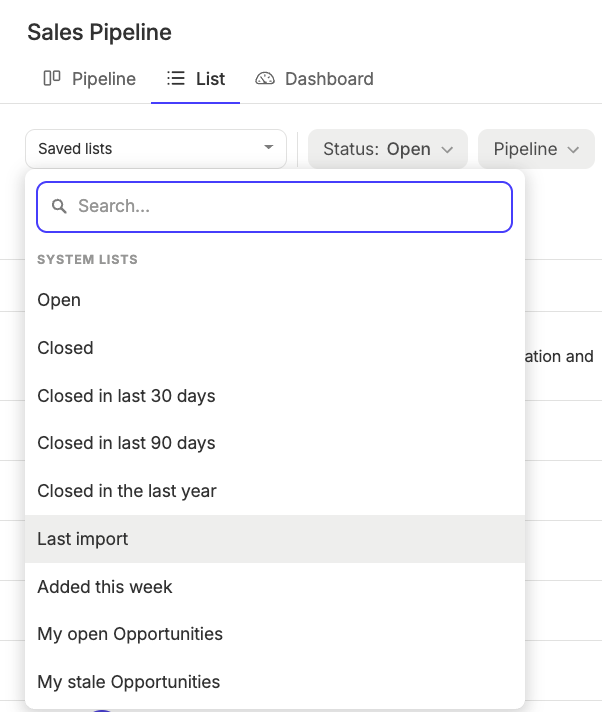 Select saved list containing the last import