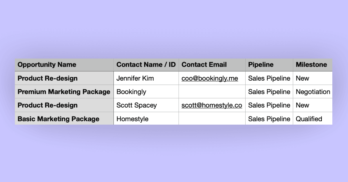 A screenshot of an example Opportunities spreadsheet to import into Capsule CRM