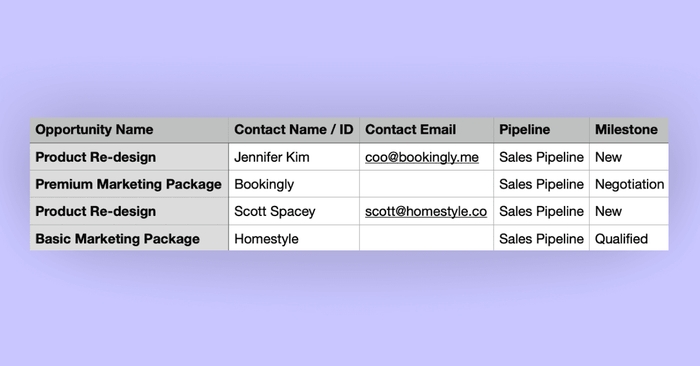 A screenshot of an example Opportunities spreadsheet to import into Capsule CRM