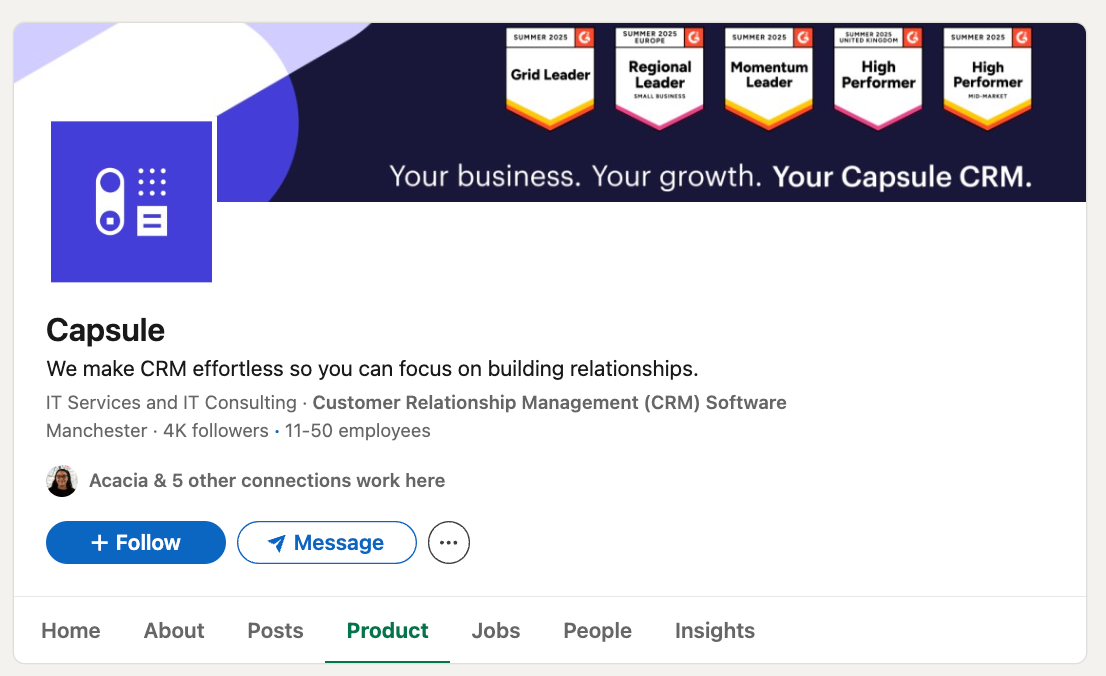 a screenshot of a company called capsule that says your business your growth your capsule crm