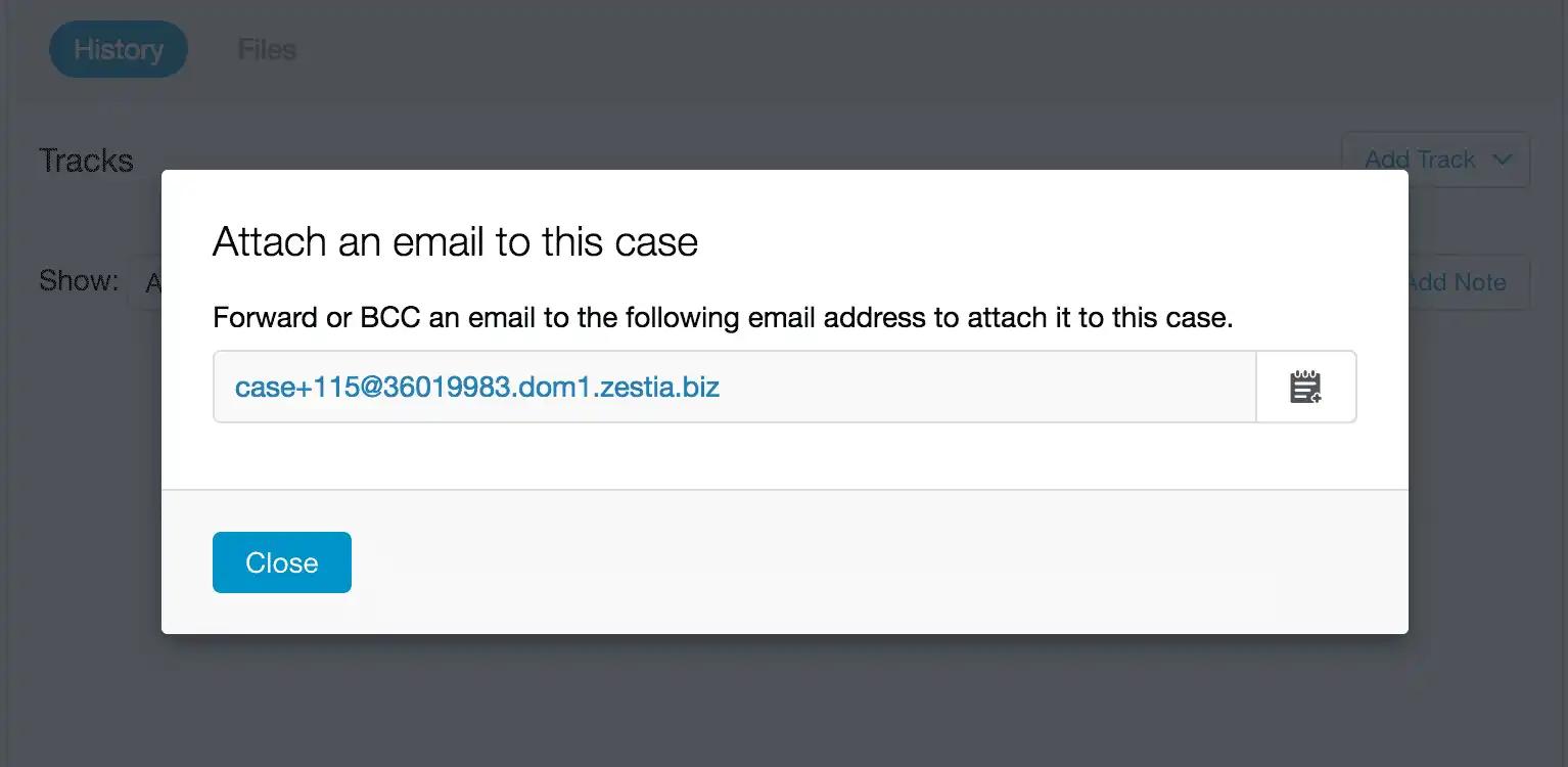 Popup for attaching an email to a case.