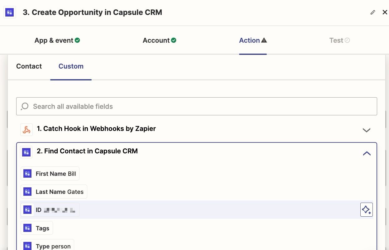 showing the create contact event in zapier
