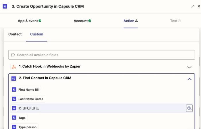 showing the create contact event in zapier