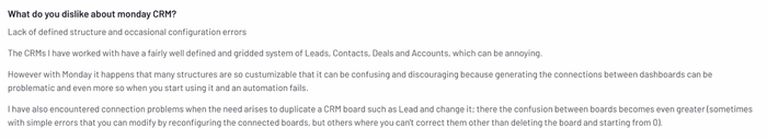 Review criticizing Monday CRM for lack of structure, confusing board connections, and automation errors, making it difficult to manage CRM boards like Leads or Deals.