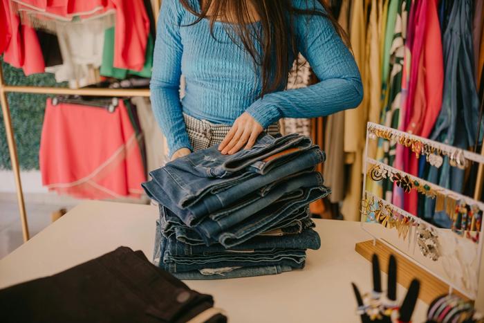 a woman is sitting at a table with a pile of jeans on it .