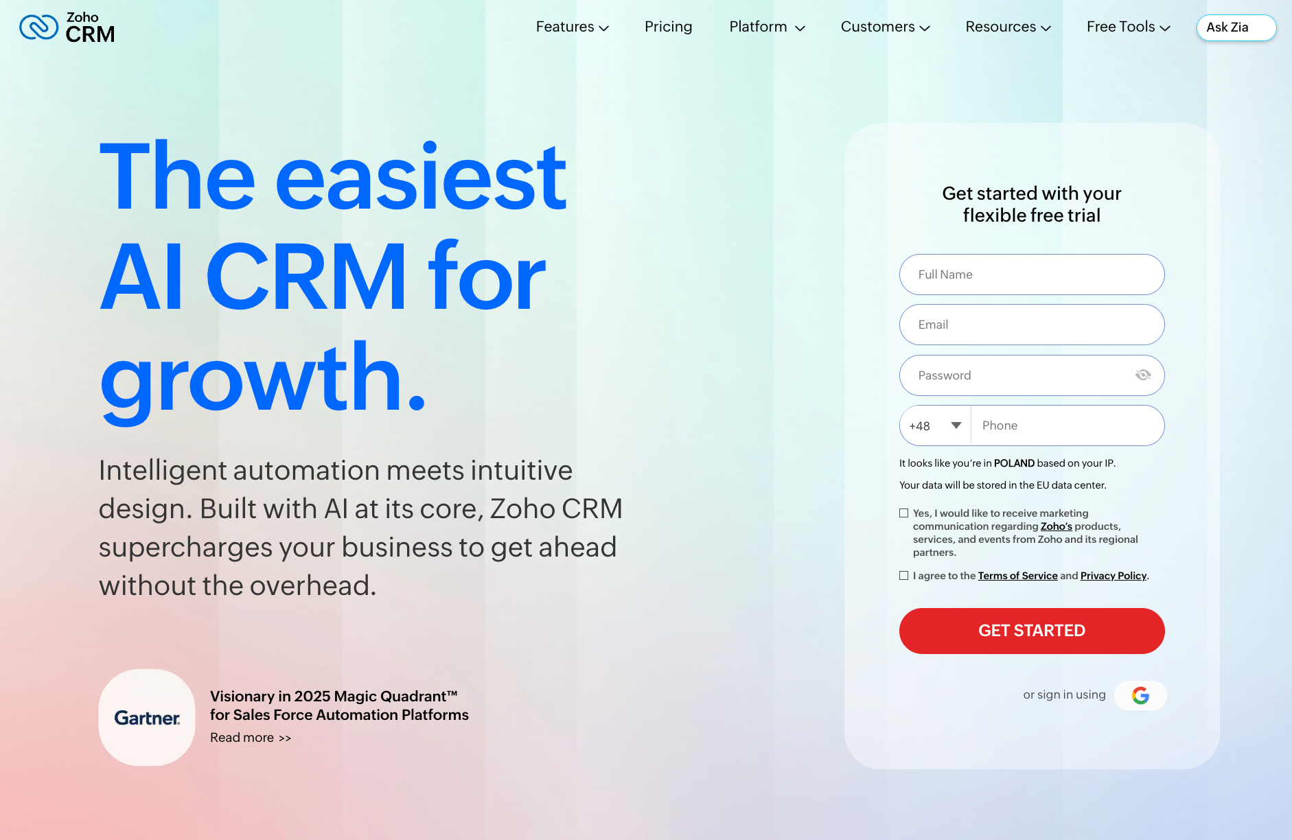 Zoho CRM landing page with 'The easiest AI CRM for growth' headline, AI features description, Gartner recognition, and a free trial sign-up form.