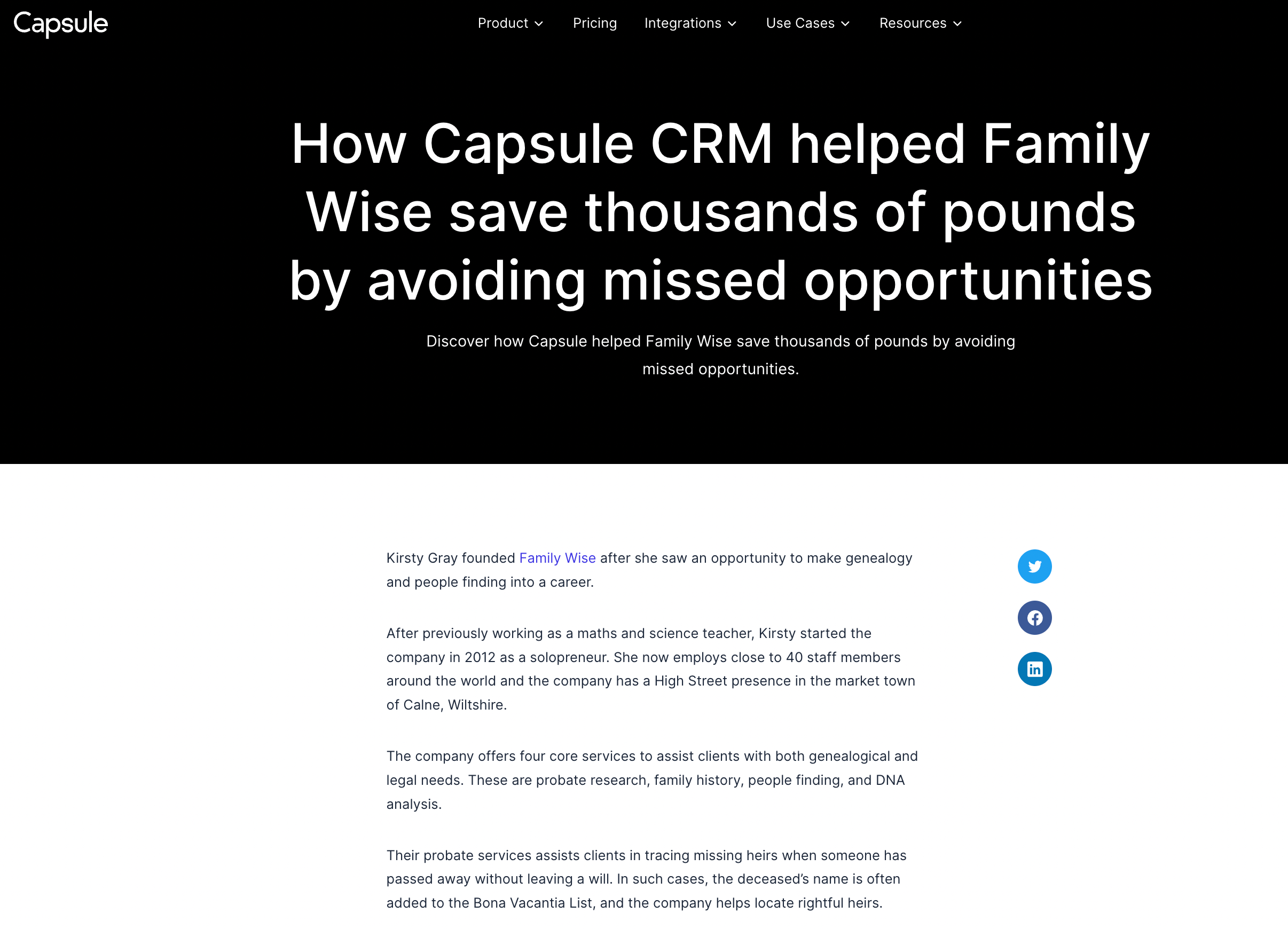 a screenshot of the capsule website showing how capsule crm helped family wise save thousands of pounds