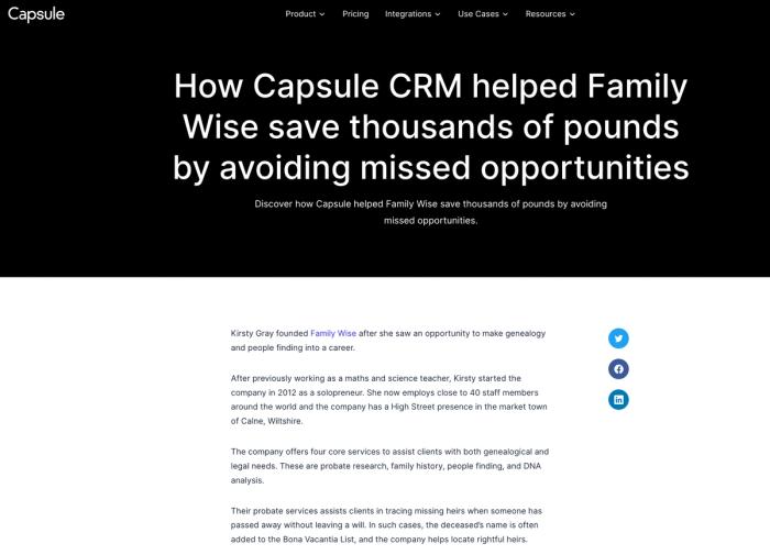 a screenshot of the capsule website showing how capsule crm helped family wise save thousands of pounds