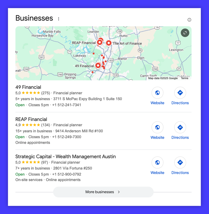 A Google Map showing businesses including strategic capital wealth management.