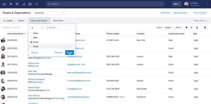 A screenshot of the Capsule app shows the user filtering their contacts by lead source when the source is 'event'
