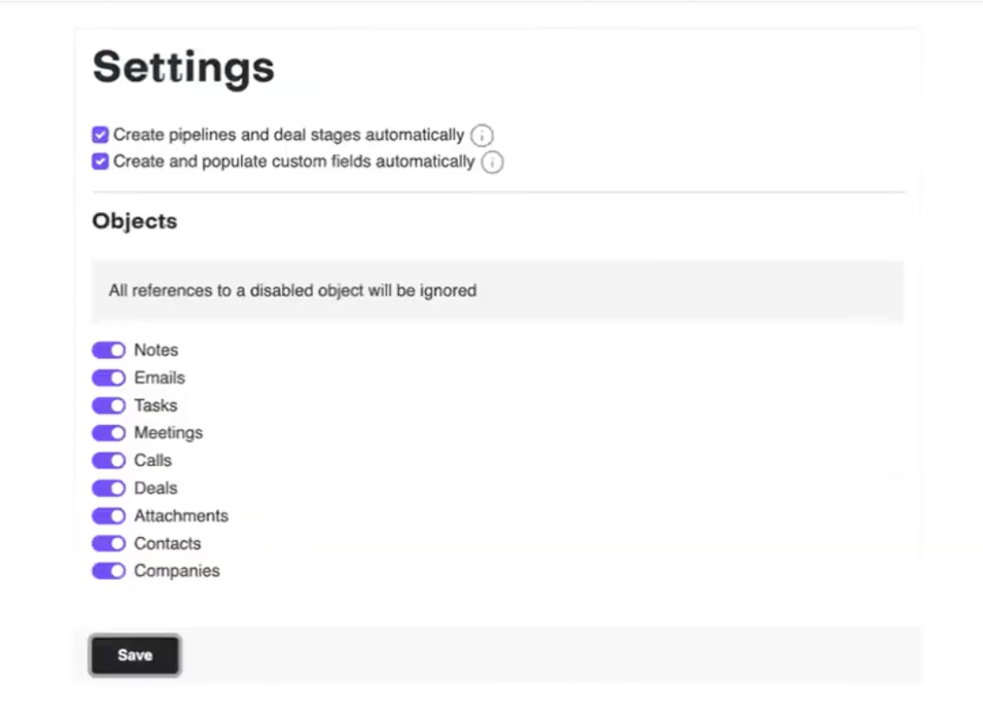una captura de pantalla de la página de configuraciones de Import2. Aquí puedes personalizar qué objetos se importan