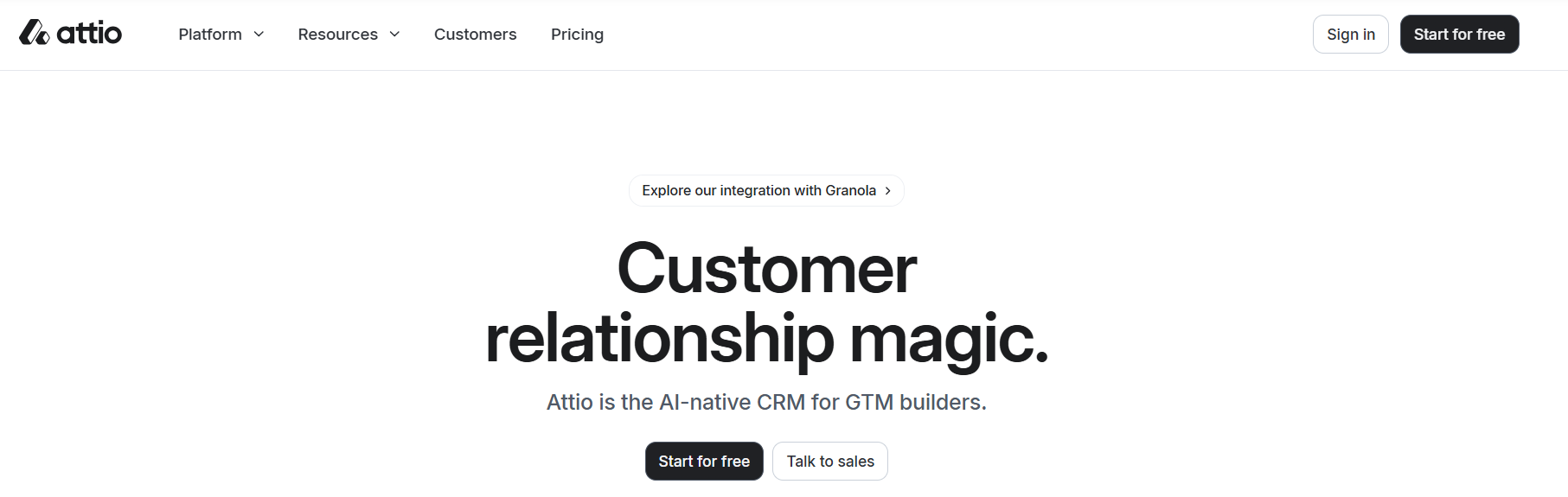 Attio homepage with the headline "Customer relationship magic." and the slogan "Attio is the AI-native CRM for GTM builders."