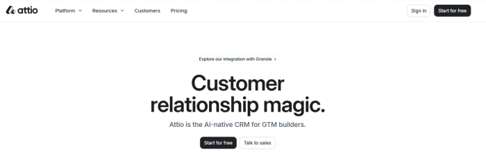 Attio homepage with the headline "Customer relationship magic." and the slogan "Attio is the AI-native CRM for GTM builders."
