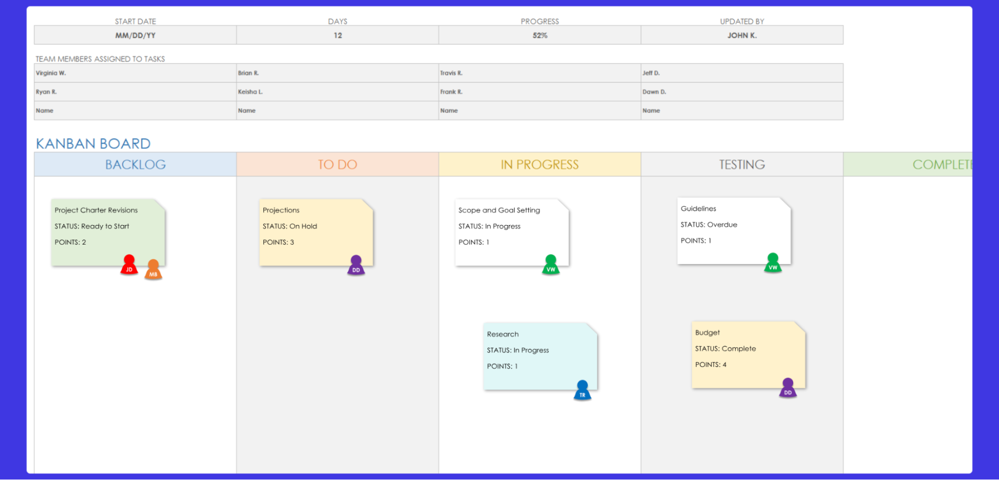  One of the project management Excel templates in Kanban style.