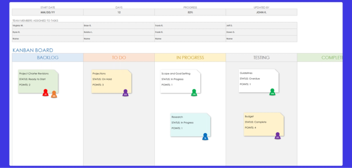 One of the project management Excel templates in Kanban style.