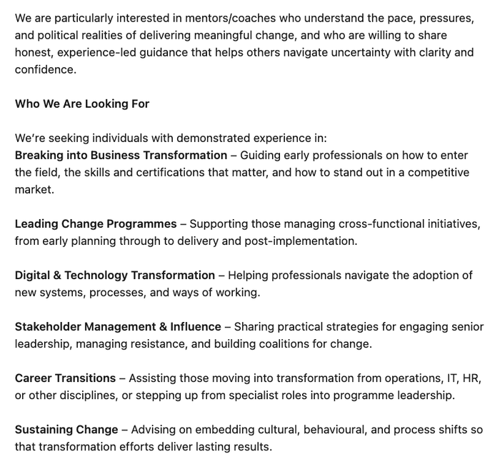 a page that says we are particularly interested in mentors coaches who understand the pace pressures and political realities of delivering meaningful change