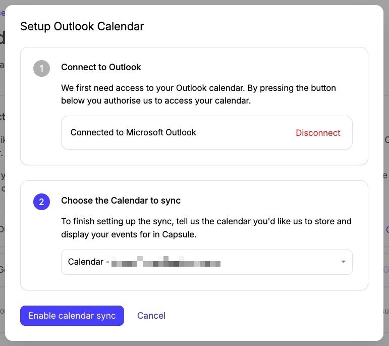 se muestra el calendario seleccionado seguido del botón de confirmación para habilitar la sincronización del calendario