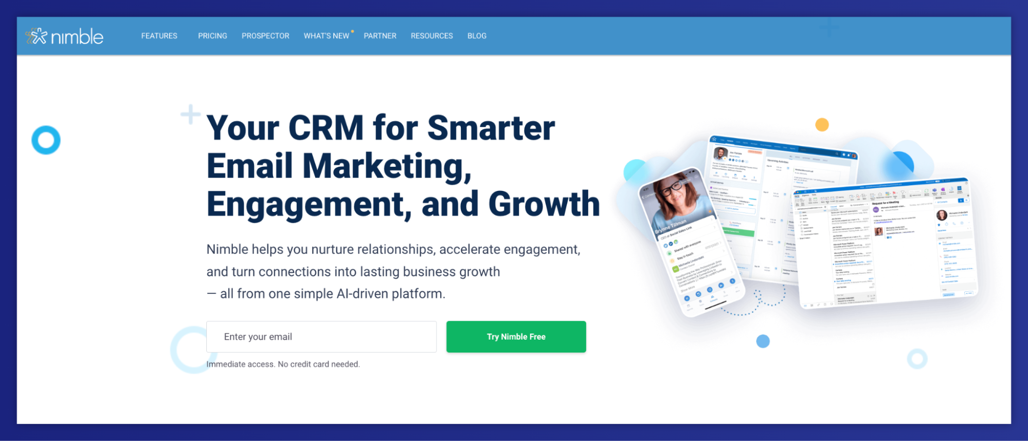 Nimble CRM landing page featuring its platform for smarter email marketing, engagement, and growth, displayed across mobile and desktop interfaces.
