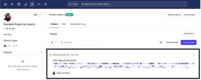 showing note added to test capsule project created from zapier