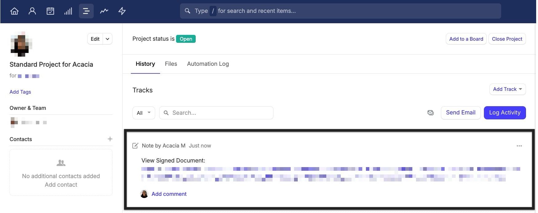 showing note added to test capsule project created from zapier