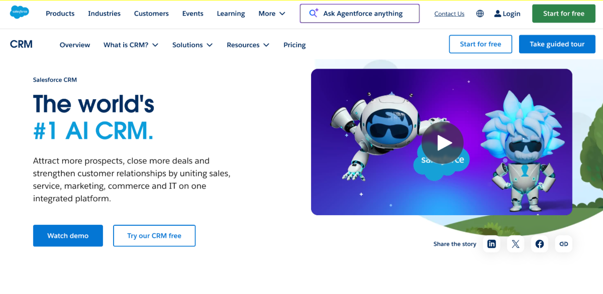 Salesforce CRM homepage screenshot with "The world's #1 AI CRM" headline and a video player showing two animated AI characters.