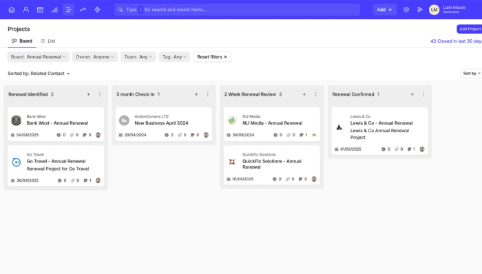 a screenshot of an example projects board in capsule