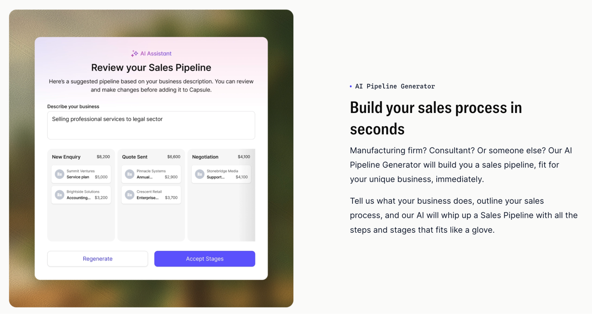 An AI Sales Pipeline Generator interface displaying suggested sales stages for a professional services business, with accompanying text promoting quick sales process building.