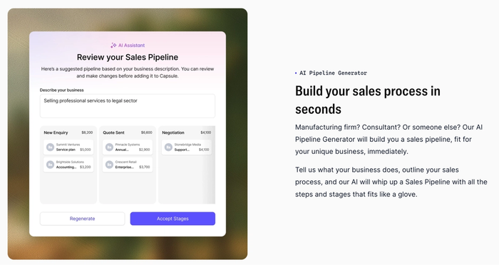 An AI Sales Pipeline Generator interface displaying suggested sales stages for a professional services business, with accompanying text promoting quick sales process building.