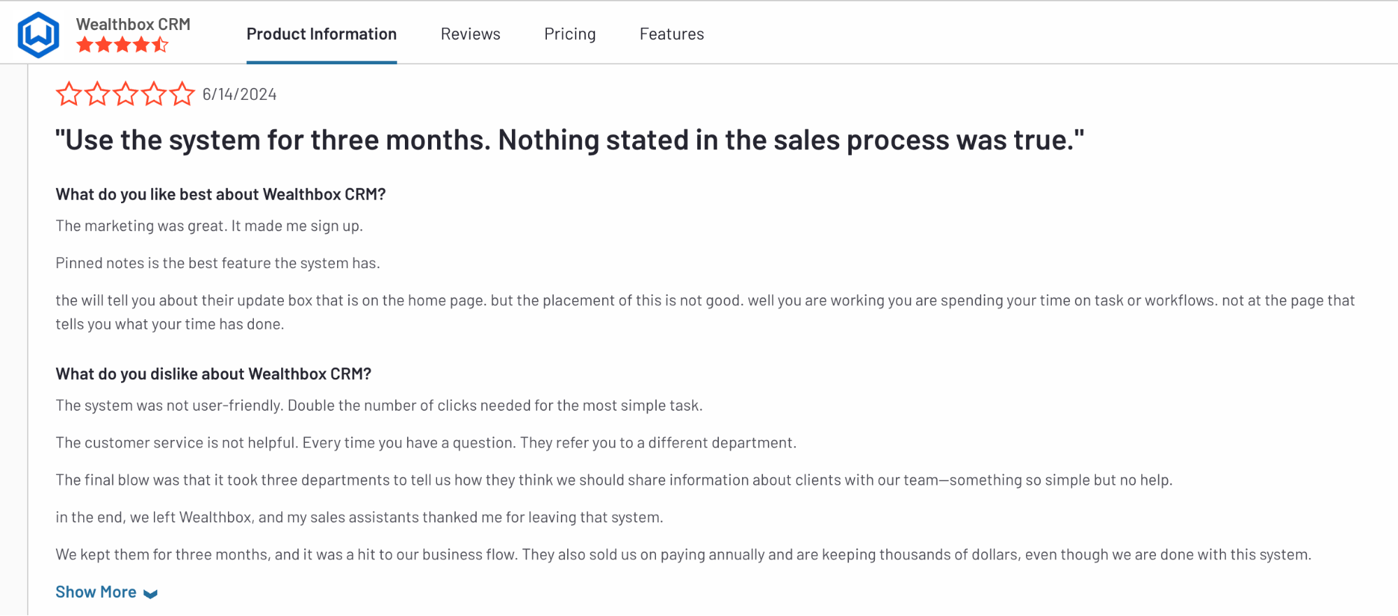 A review from June 2024 criticizing Wealthbox CRM for misleading sales claims, poor customer support, and lack of user-friendliness.
