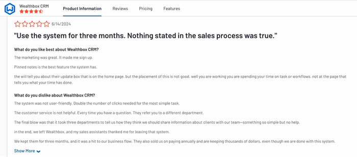 A review from June 2024 criticizing Wealthbox CRM for misleading sales claims, poor customer support, and lack of user-friendliness.