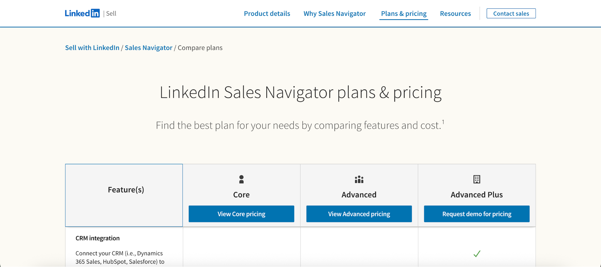 A LinkedIn Sales Navigator plans and pricing page.