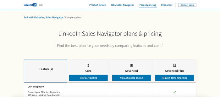 A LinkedIn Sales Navigator plans and pricing page.